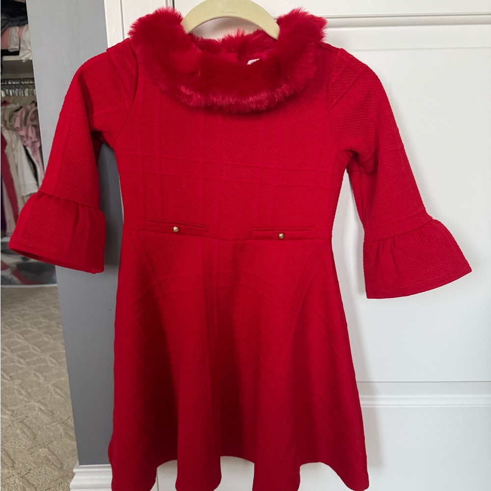 Janie & Jack size 7 red jacquard dress with fur collar